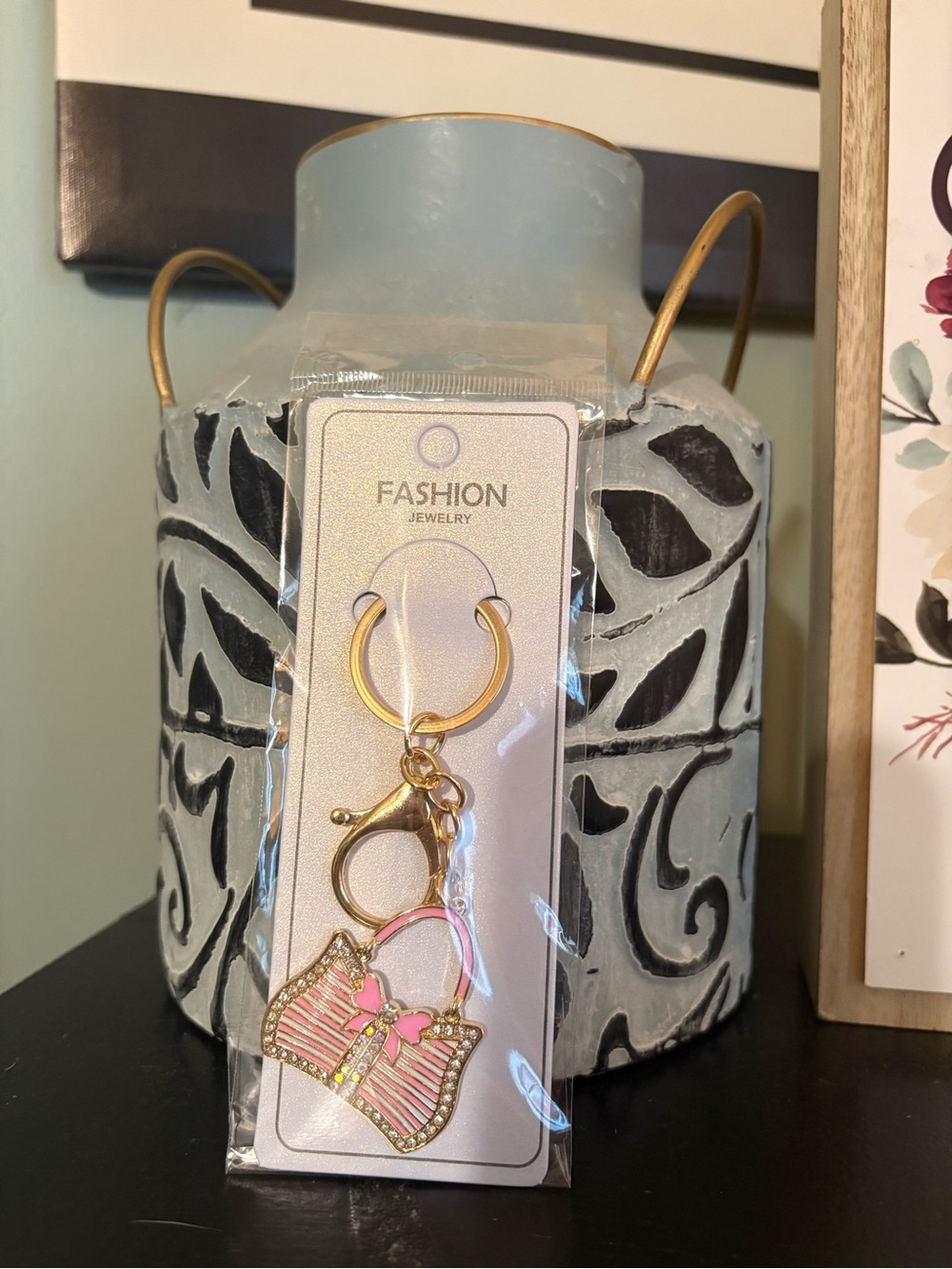 Fashion Jewelry Pink Enamel Purse Key & Card Holder with Gold Hardware